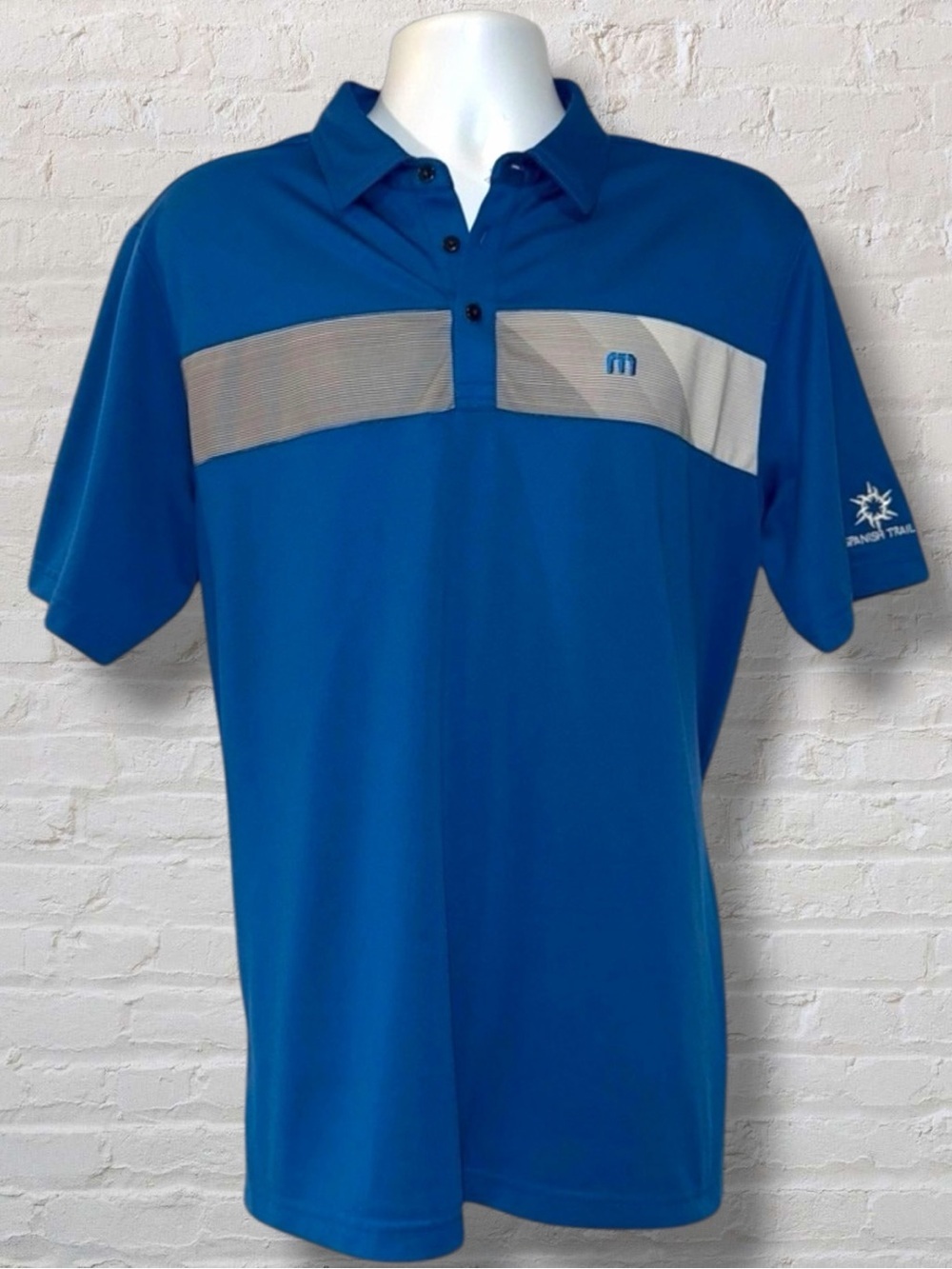 TravisMathew Golf Polo Blue Stripe Spanish Trail Las Vegas Logo Men’s Large